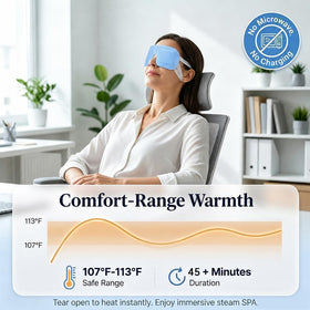 Facemoon steam eye mask being worn by a person relaxing