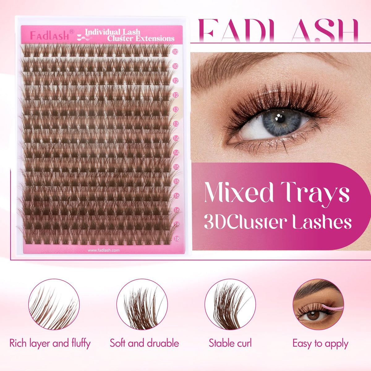 FADLASH Brown Lash Clusters D Curl close-up of lashes