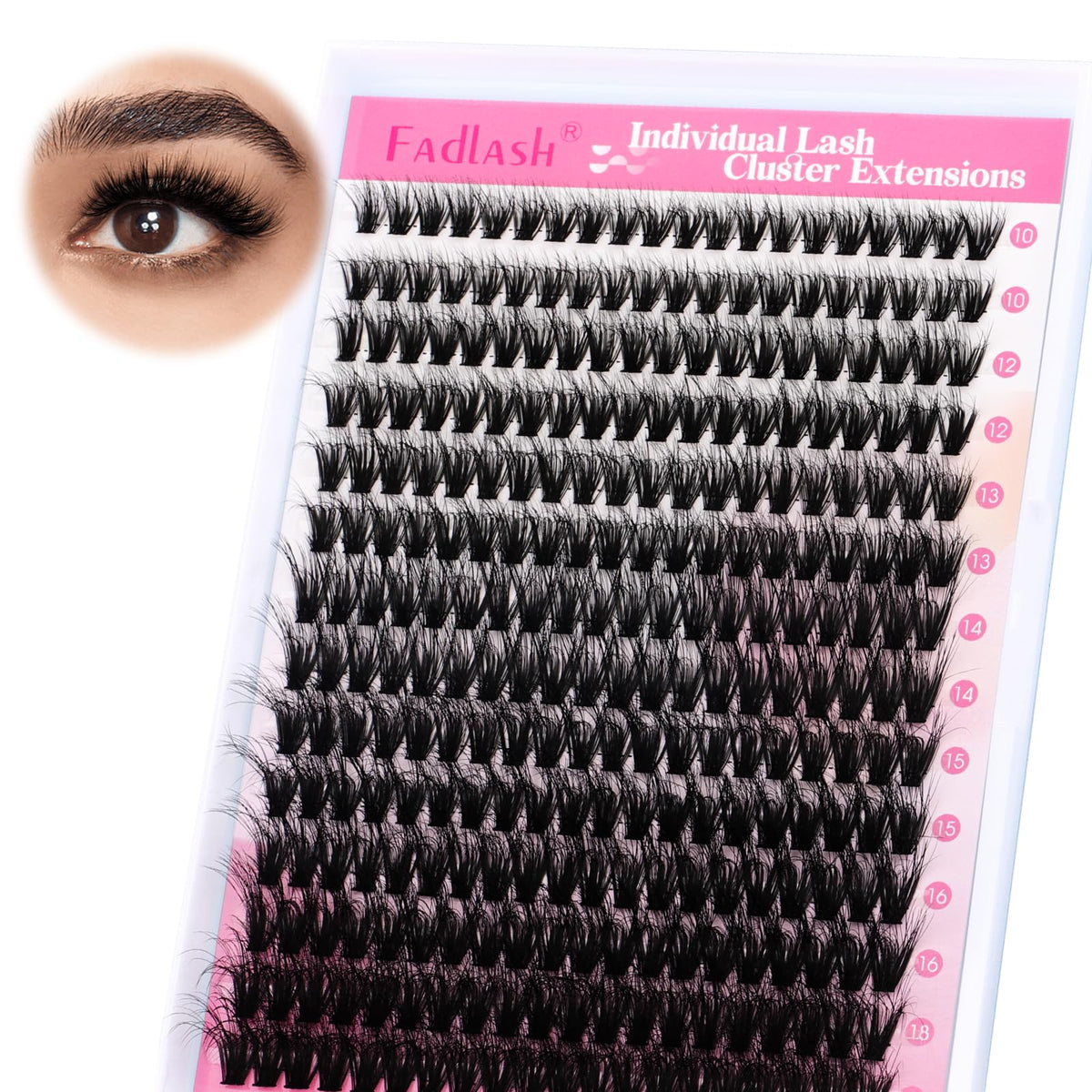 FADLASH Lash Clusters 80D tray with various lash styles