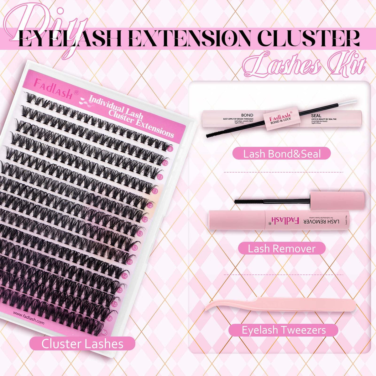 FADLASH Lash Clusters Kit components including lash glue remover and tweezers