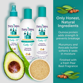 Fairy Tales Curly Q product trio on a bathroom shelf