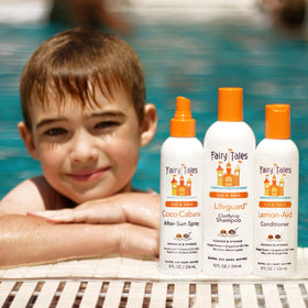 Fairy Tales Sun & Swim Shampoo and Conditioner set with tropical background