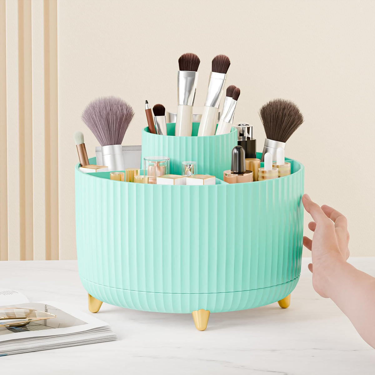 fanado 360° Rotate Makeup Brush Holder Organizer in use with brushes