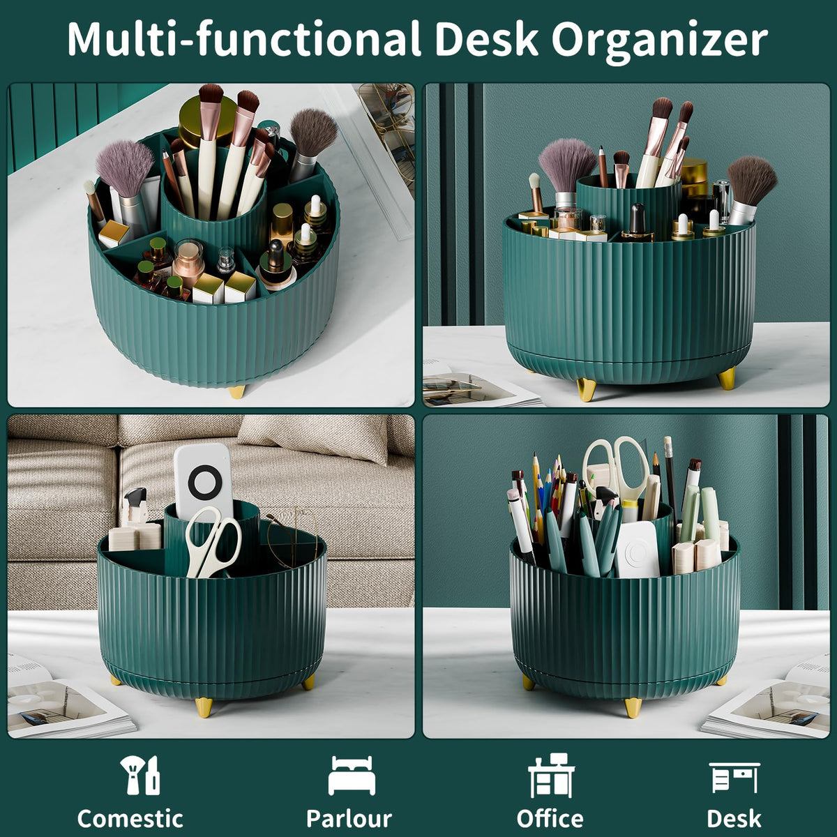 fanado 360° Rotate Makeup Brush Holder Organizer on a vanity with makeup products