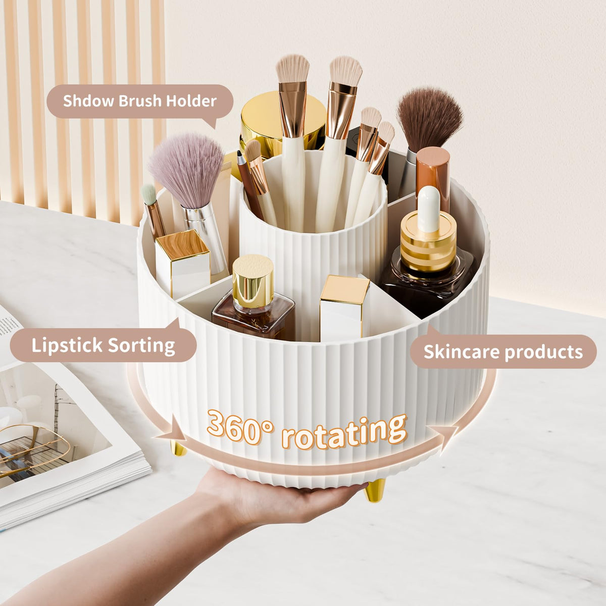 fanado 360° Rotate Makeup Brush Holder Organizer showing compartments