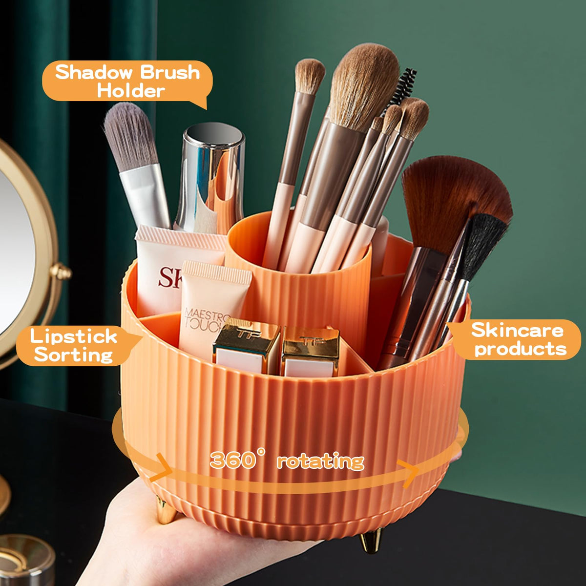 fanado 360° Rotate Makeup Brush Holder Organizer side view showing compartments