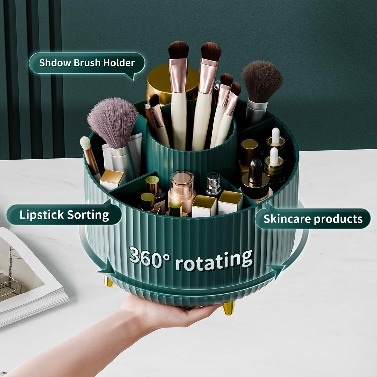 fanado 360° Rotate Makeup Brush Holder Organizer side view with compartments