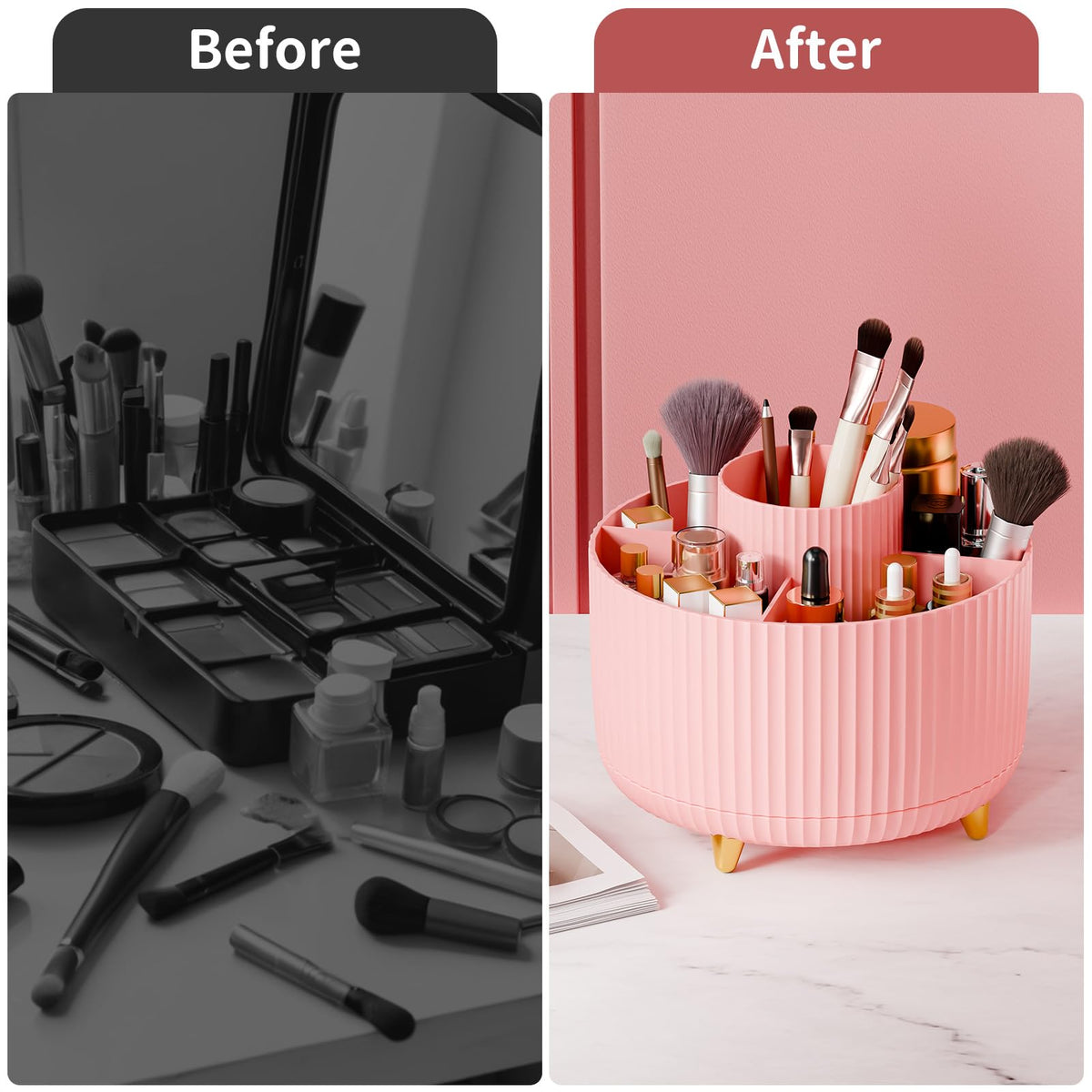 fanado 360° Rotate Makeup Brush Holder Organizer with lipsticks and skincare