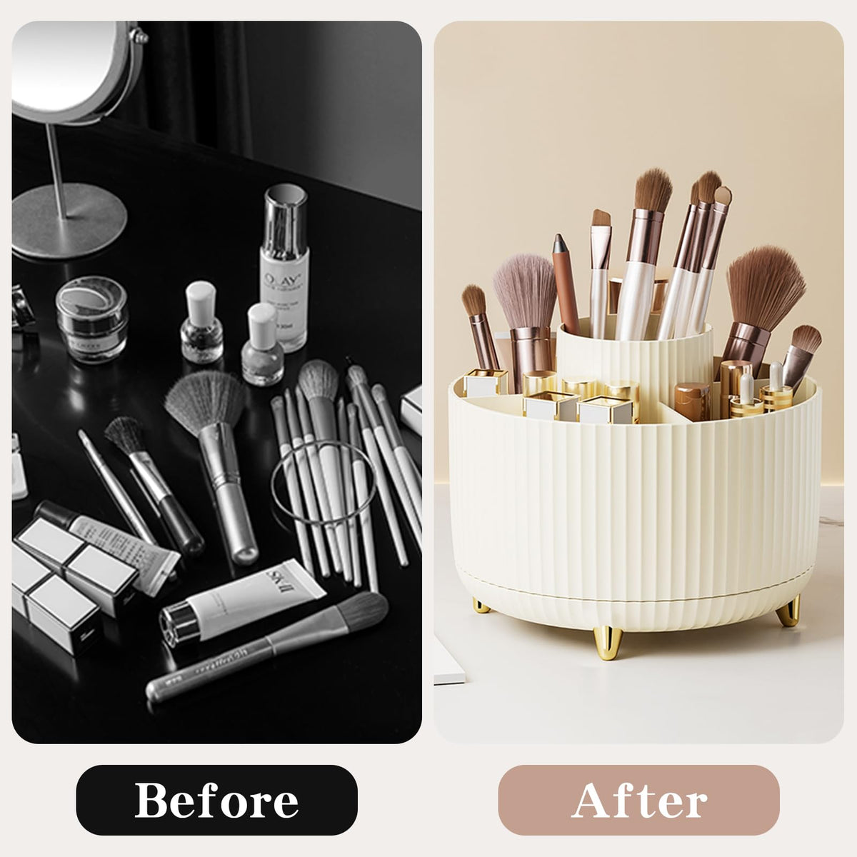fanado 360° Rotate Makeup Brush Holder Organizer with skincare products