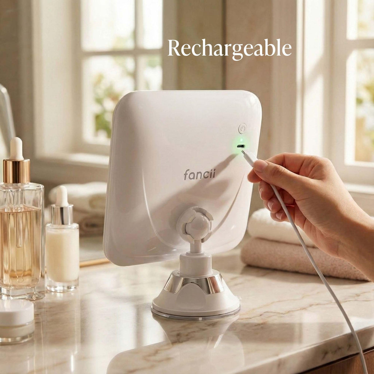 Fancii 20x Magnifying Makeup Mirror displaying soft white light setting