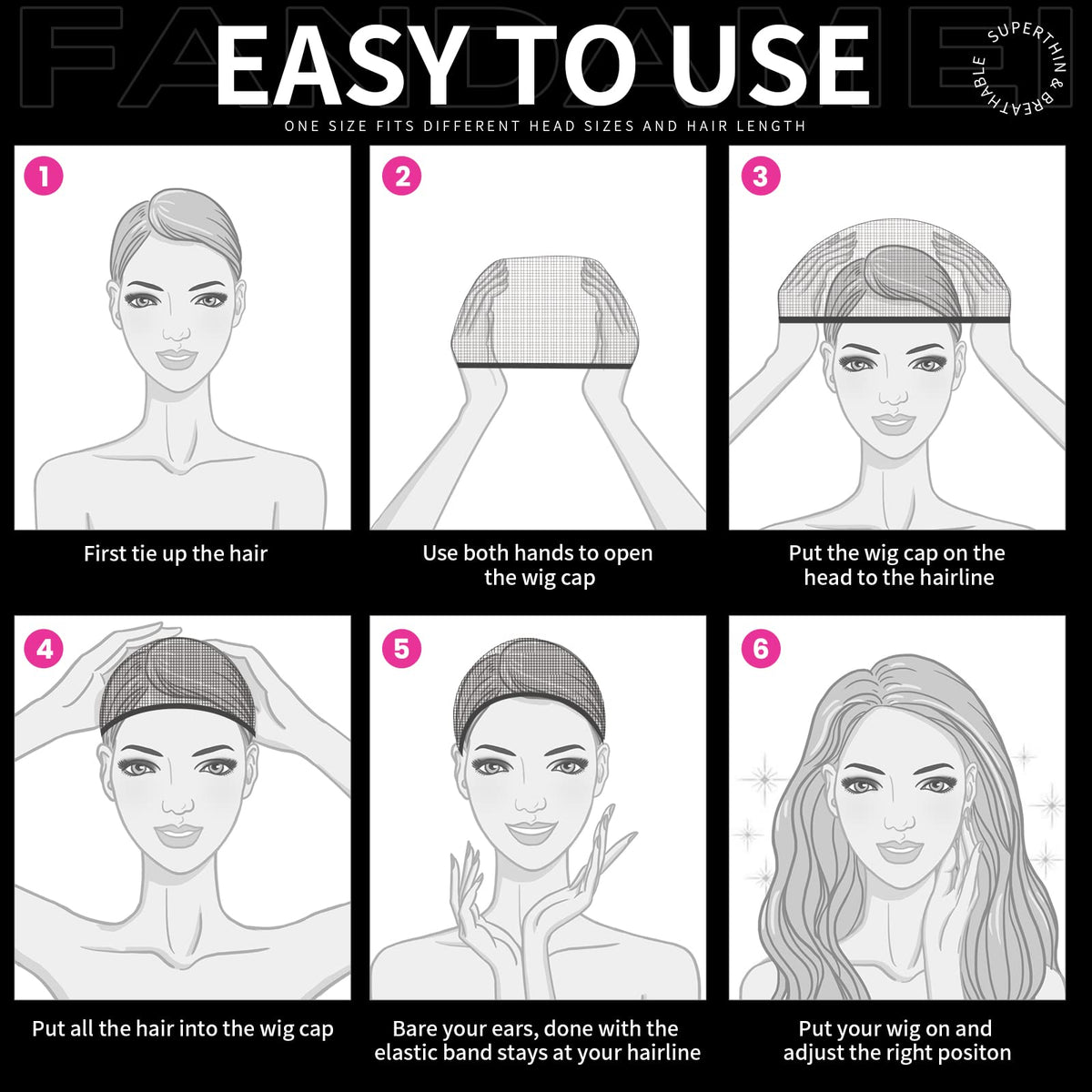 Fandamei HD Wig Caps black showing two caps in packaging