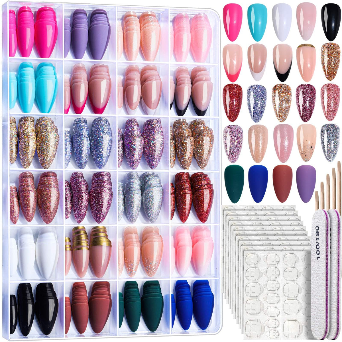 Fandamei Press on Nails Short Almond Set 576PCS assorted colours