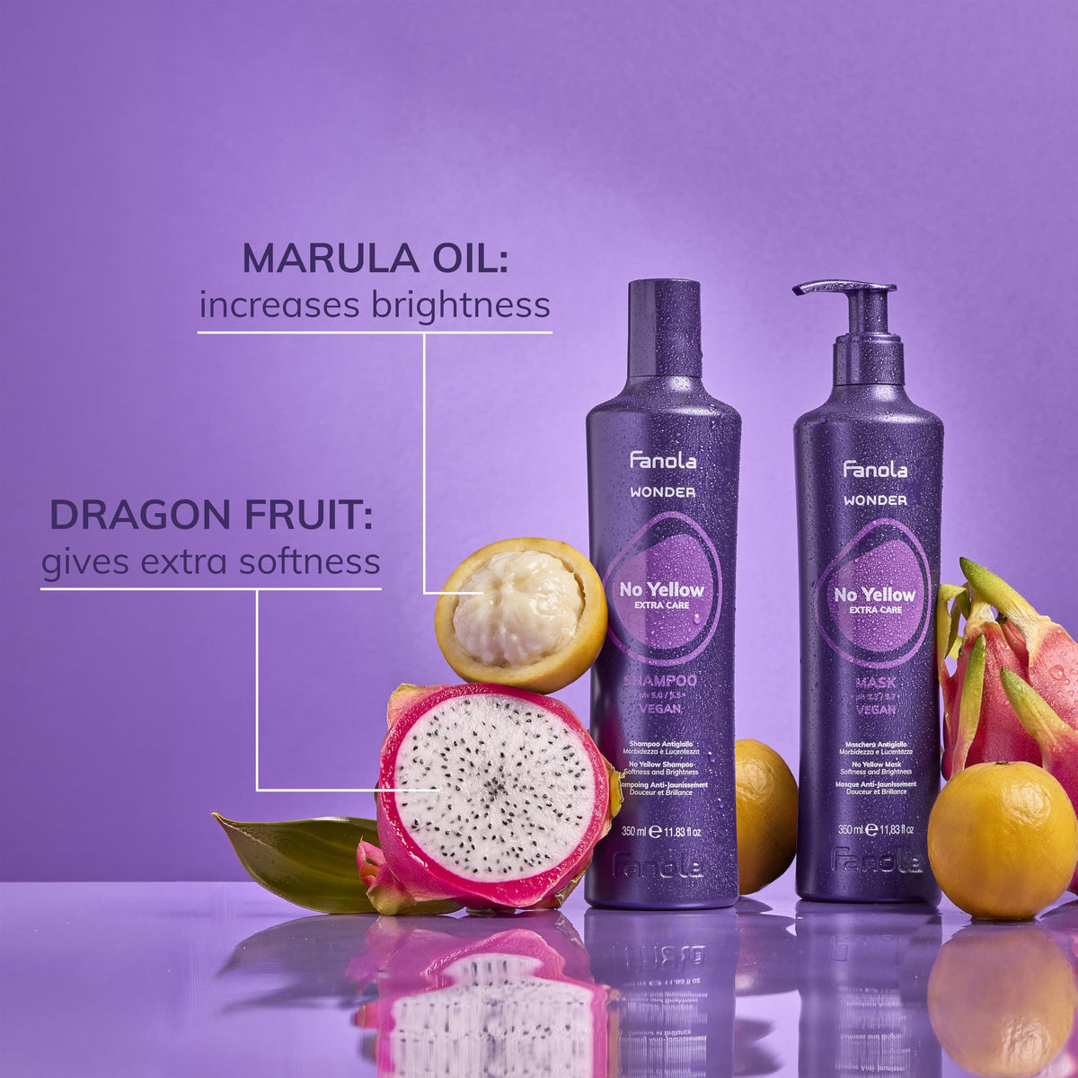 Fanola No Yellow Purple Shampoo 11.8 oz on a bathroom shelf