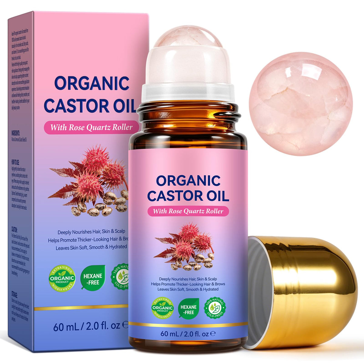 FANSHI Castor Oil Rose Quartz Roller Ball front view