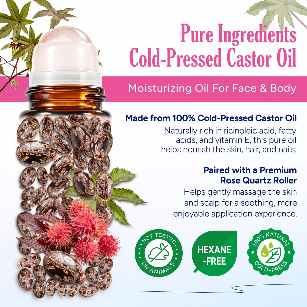 FANSHI Castor Oil Rose Quartz Roller Ball on a skincare table