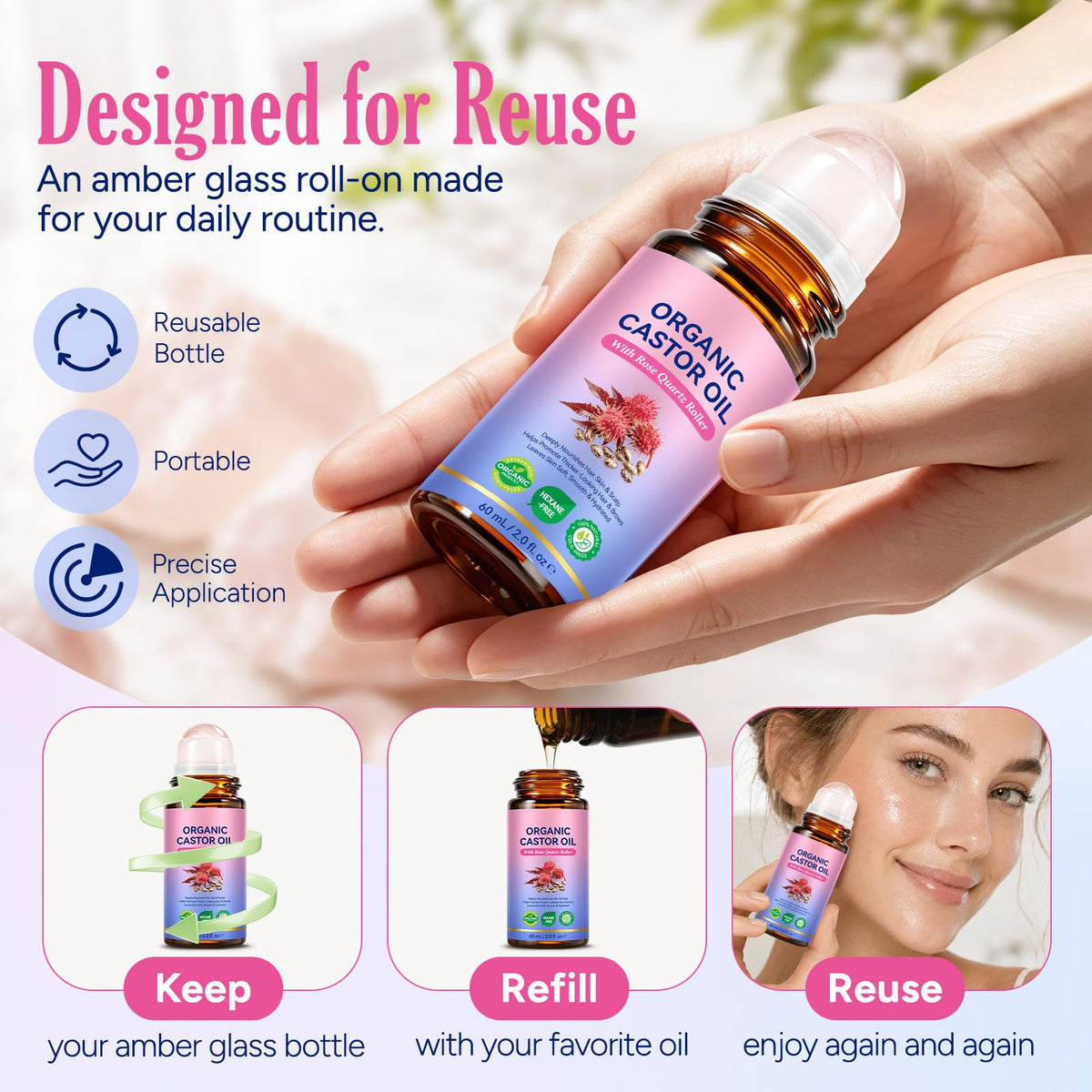 FANSHI Castor Oil Rose Quartz Roller Ball showing texture