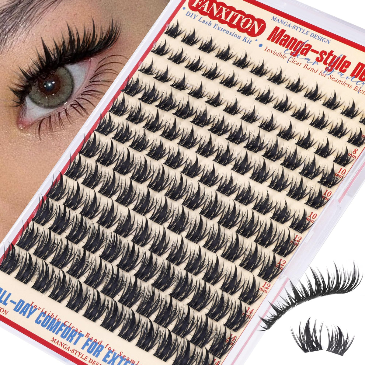FANXITON Fairy Manga Lash Clusters front view with various lengths