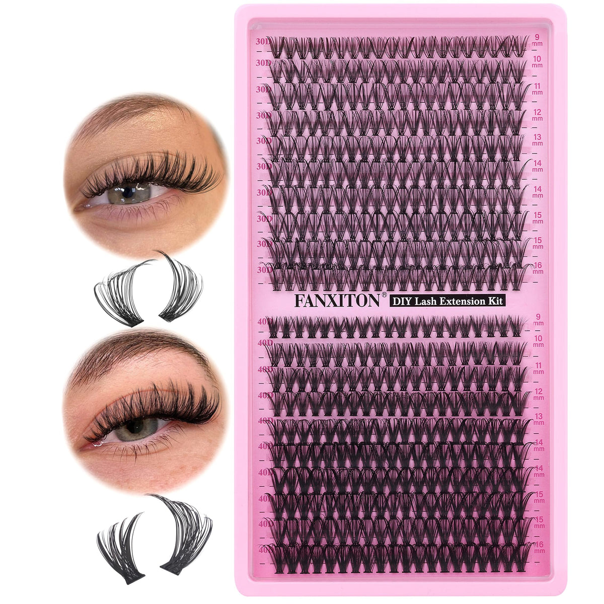FANXITON Lash Clusters 30D/40D front view with various lengths