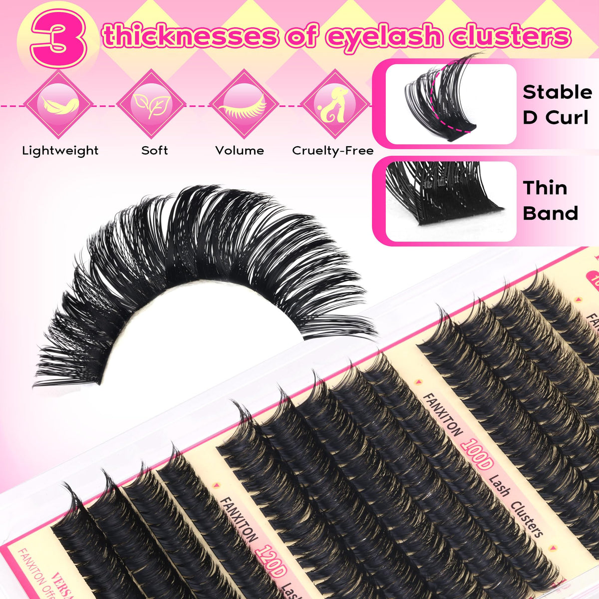 FANXITON lash clusters in various lengths displayed