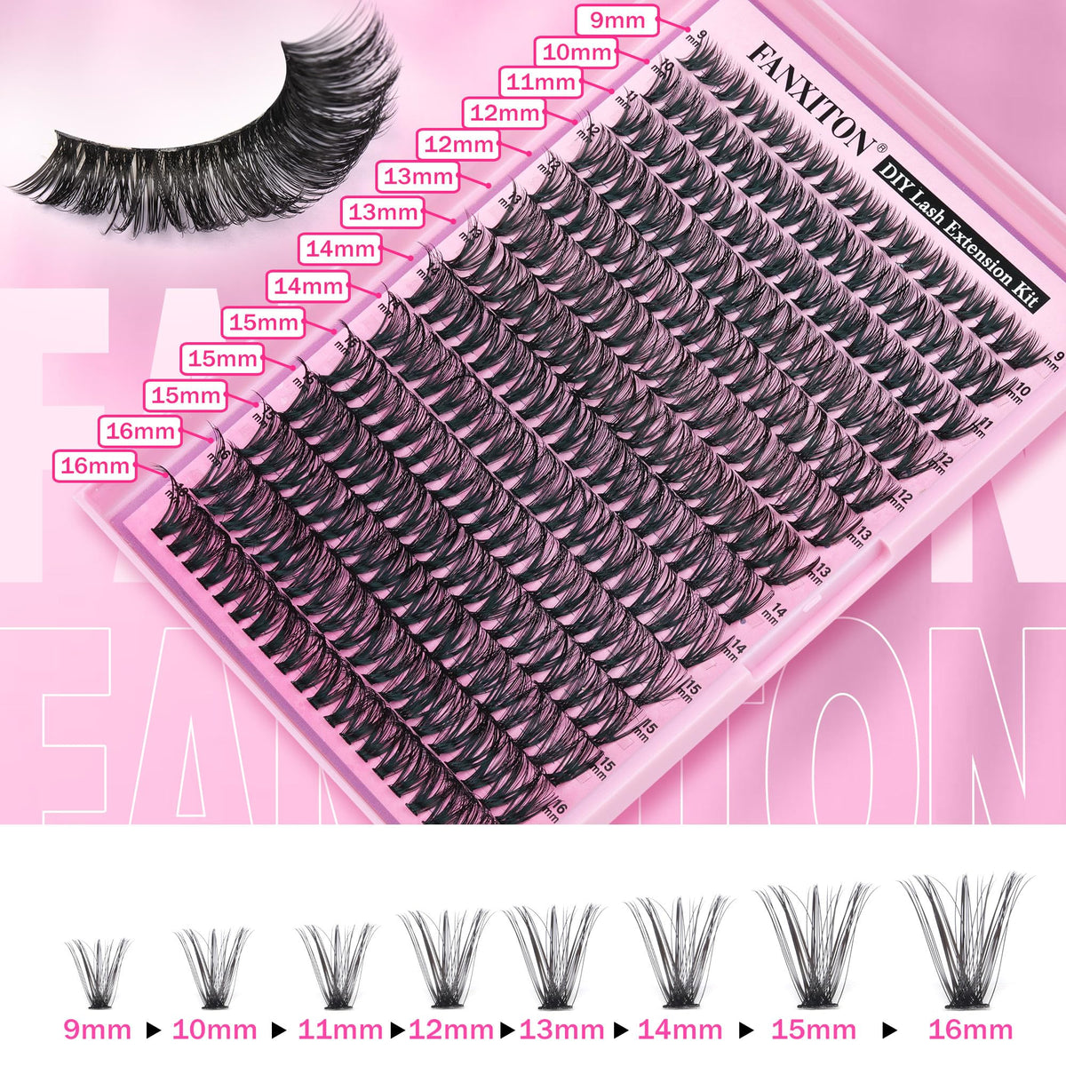 FANXITON Lash Clusters Kit displayed with accessories