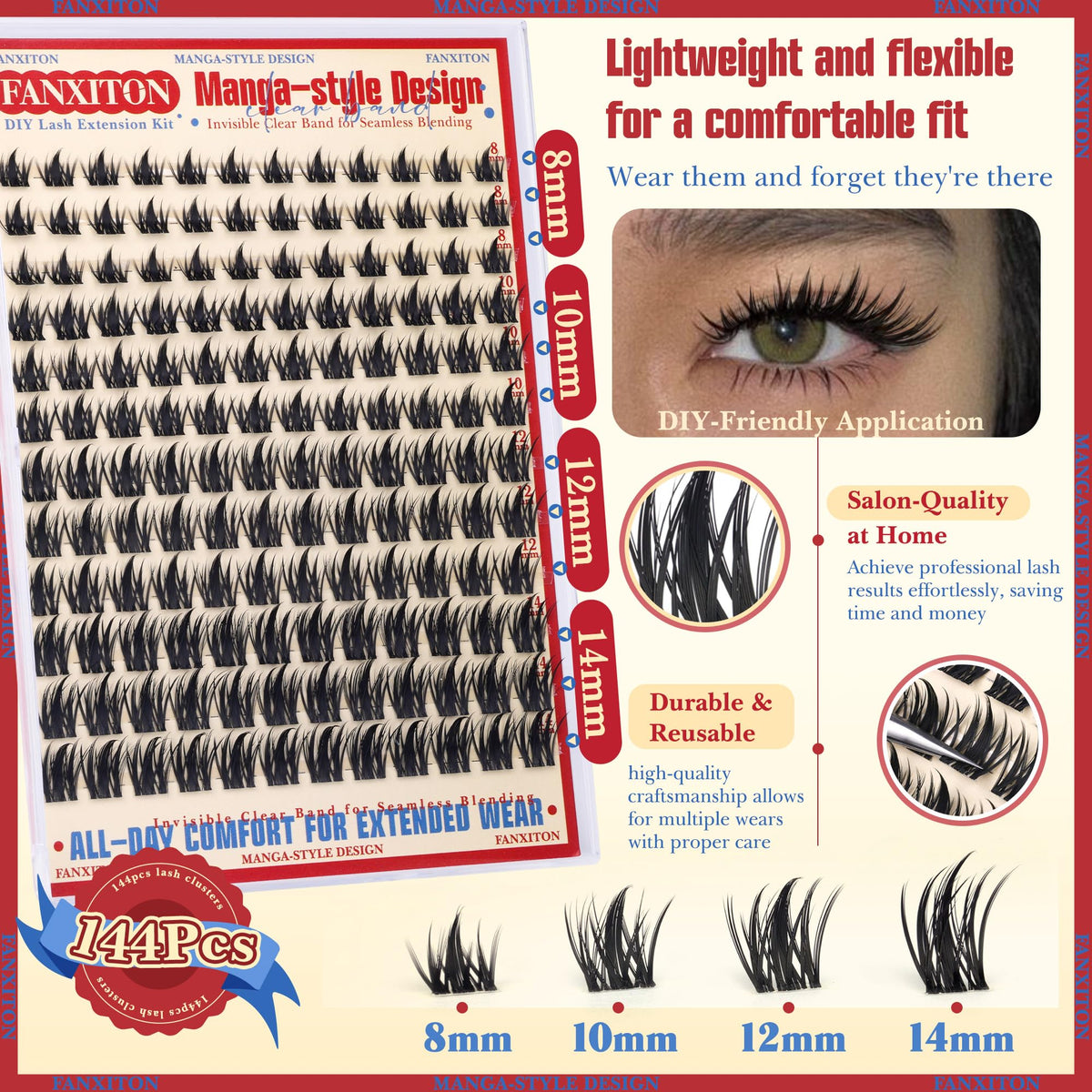 FANXITON lash clusters packaging showing 144 pieces