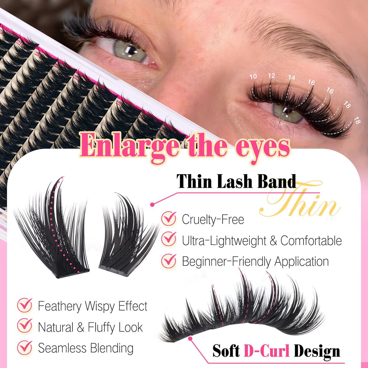 FANXITON lash clusters showing various lengths from 10mm to 18mm