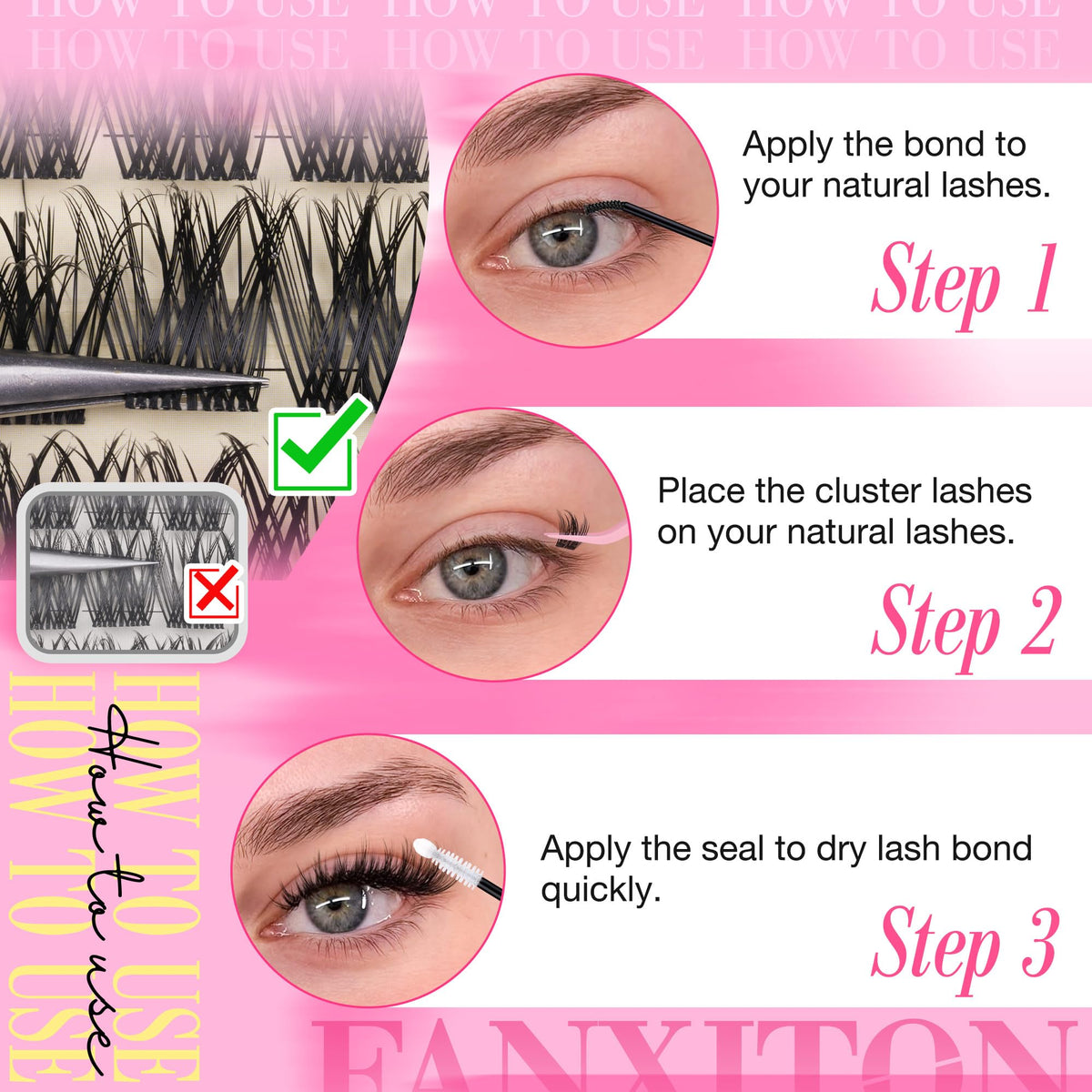 FANXITON lash clusters with clear bands for natural look