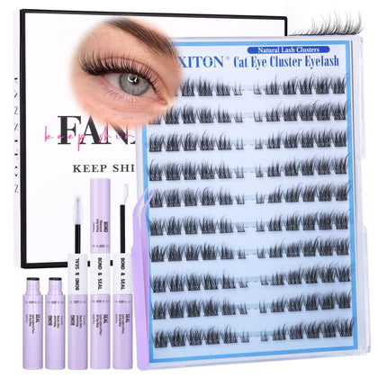 FANXITON Natural Cat Eye Lash Clusters Kit front view with tools
