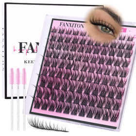 FANXITON Natural Wispy Lash Clusters Kit front view with lash clusters and brushes