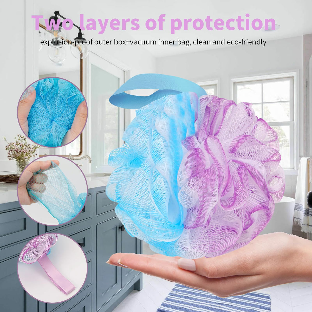 Farmoga Bath Loofah Sponge in a lifestyle setting with bath products