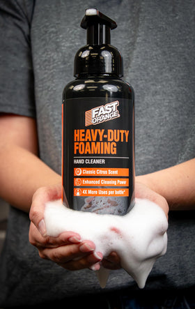 Fast Orange Foaming Hand Cleaner with greasy hands before and after
