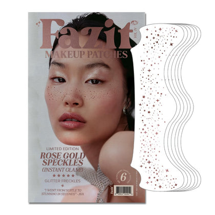 Fazit Glitter Freckle Makeup Patches pack front view with rose gold speckles