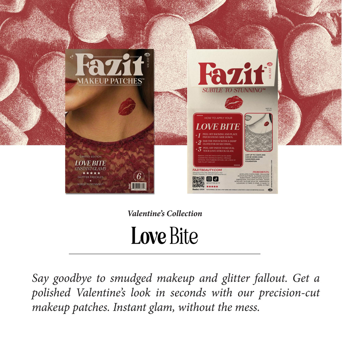 Fazit Love Bite Makeup Patches displayed with other makeup accessories