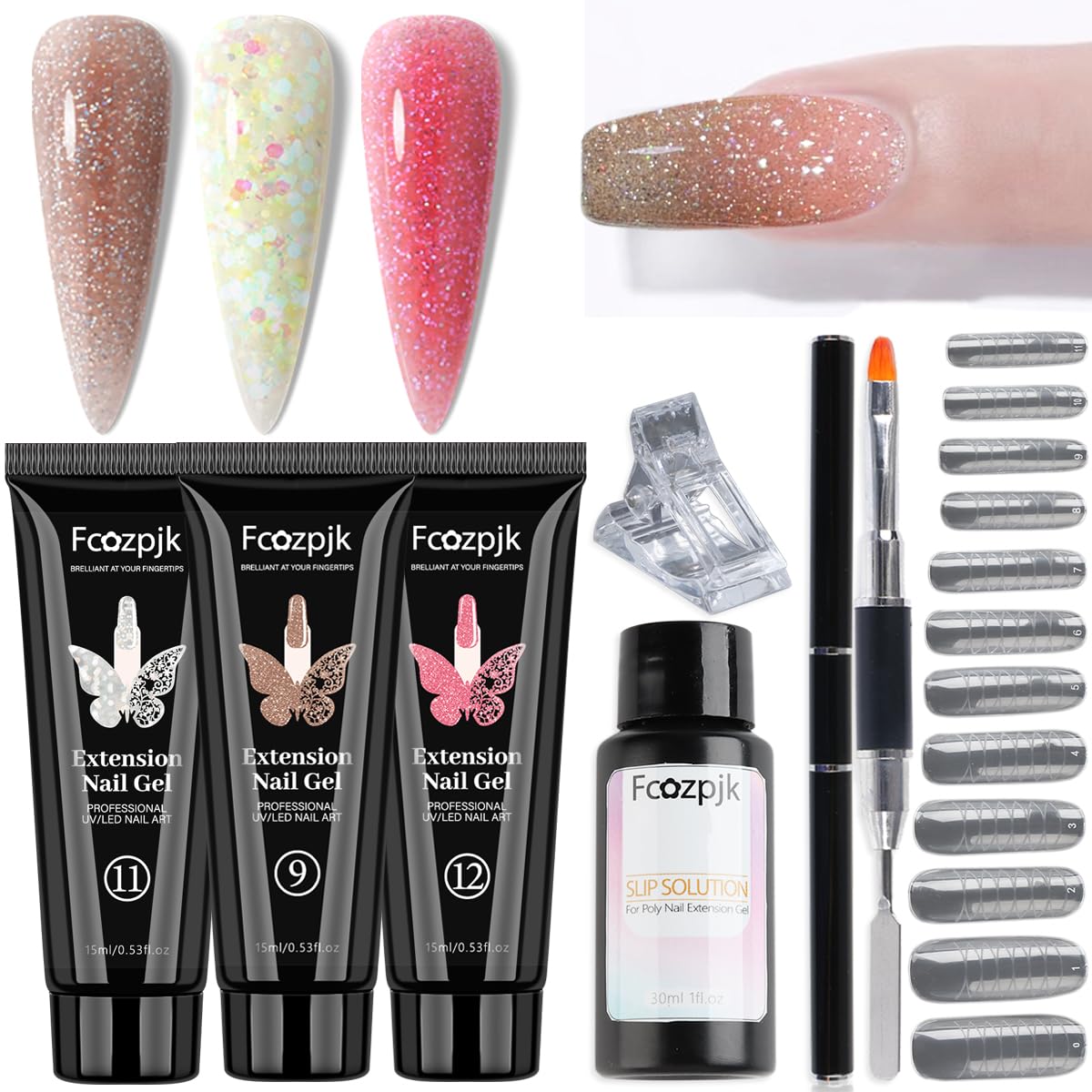 Fcozpjk Poly Gel Nail Kit packaging with three glittery gels