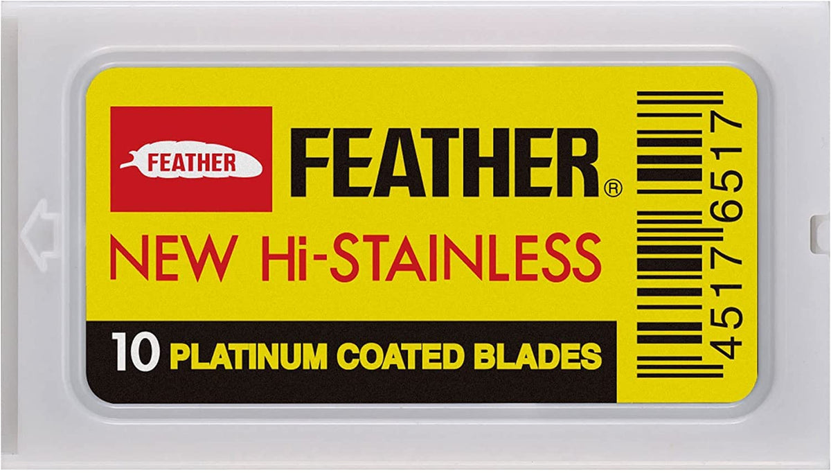 Feather Double Edge Razor Blades displayed with grooming accessories