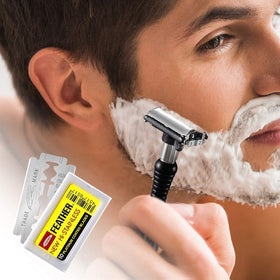 Feather Double Edge Razor Blades on a wooden surface