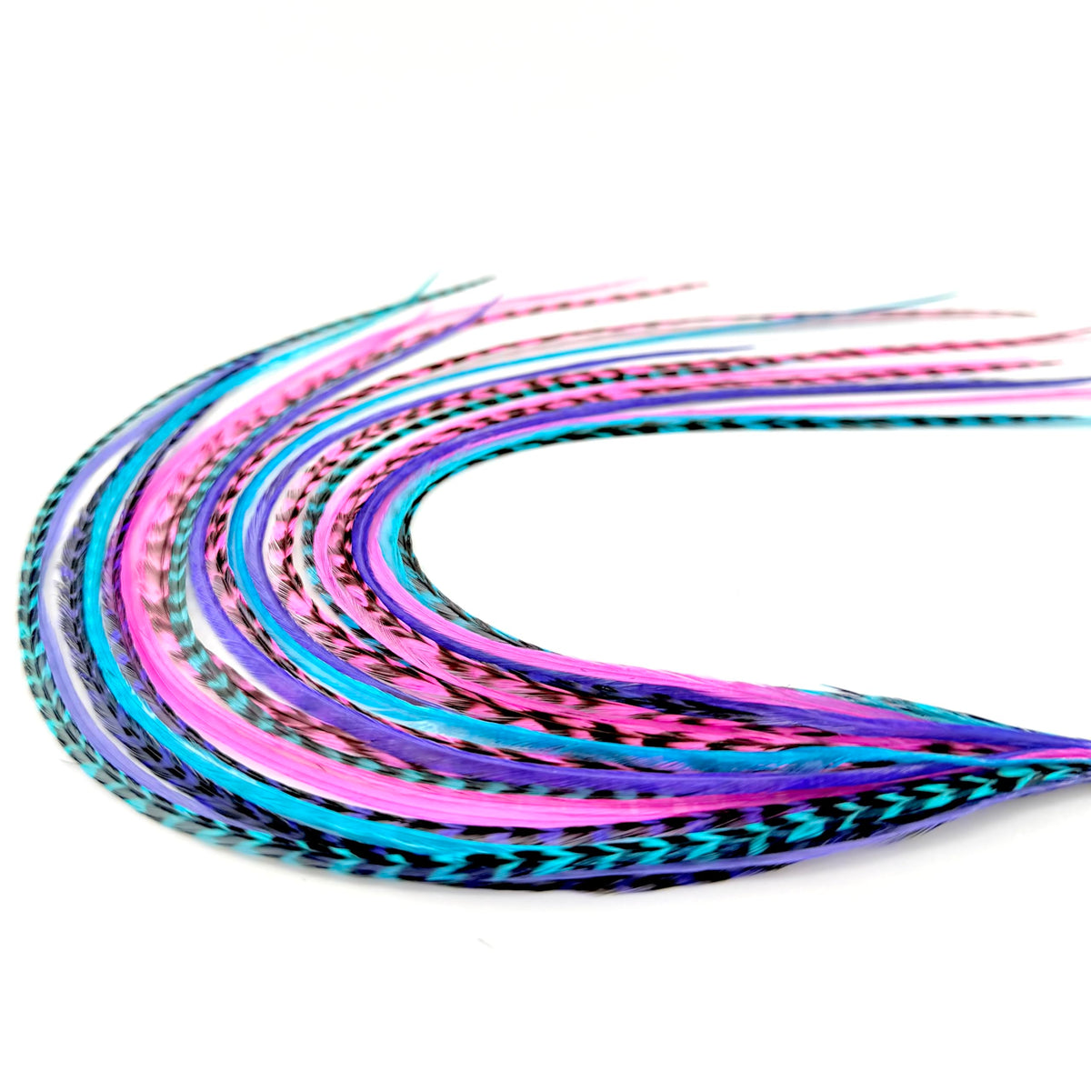 Feather Headz 21 Purple Pink & Turquoise Feather Extensions kit front view