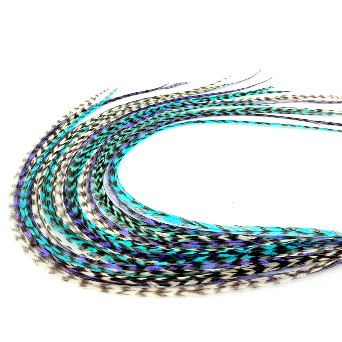 Feather Headz 21 Purple, White & Turquoise Grizzly Hair Extensions front view