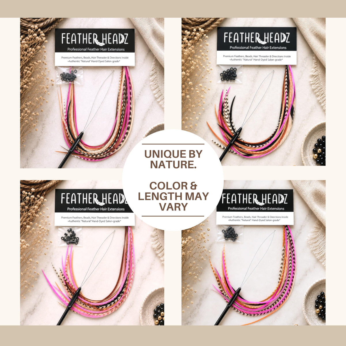 Feather Headz extensions showing vibrant colours and textures