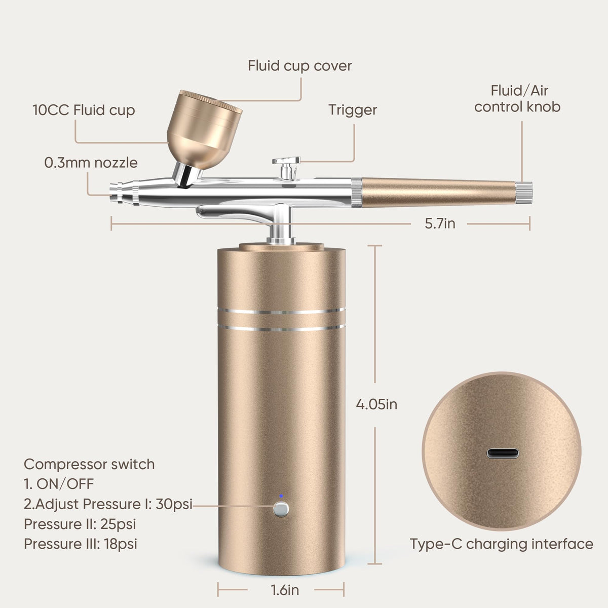 fehrominger Airbrush Kit showing 0.3mm fluid tip