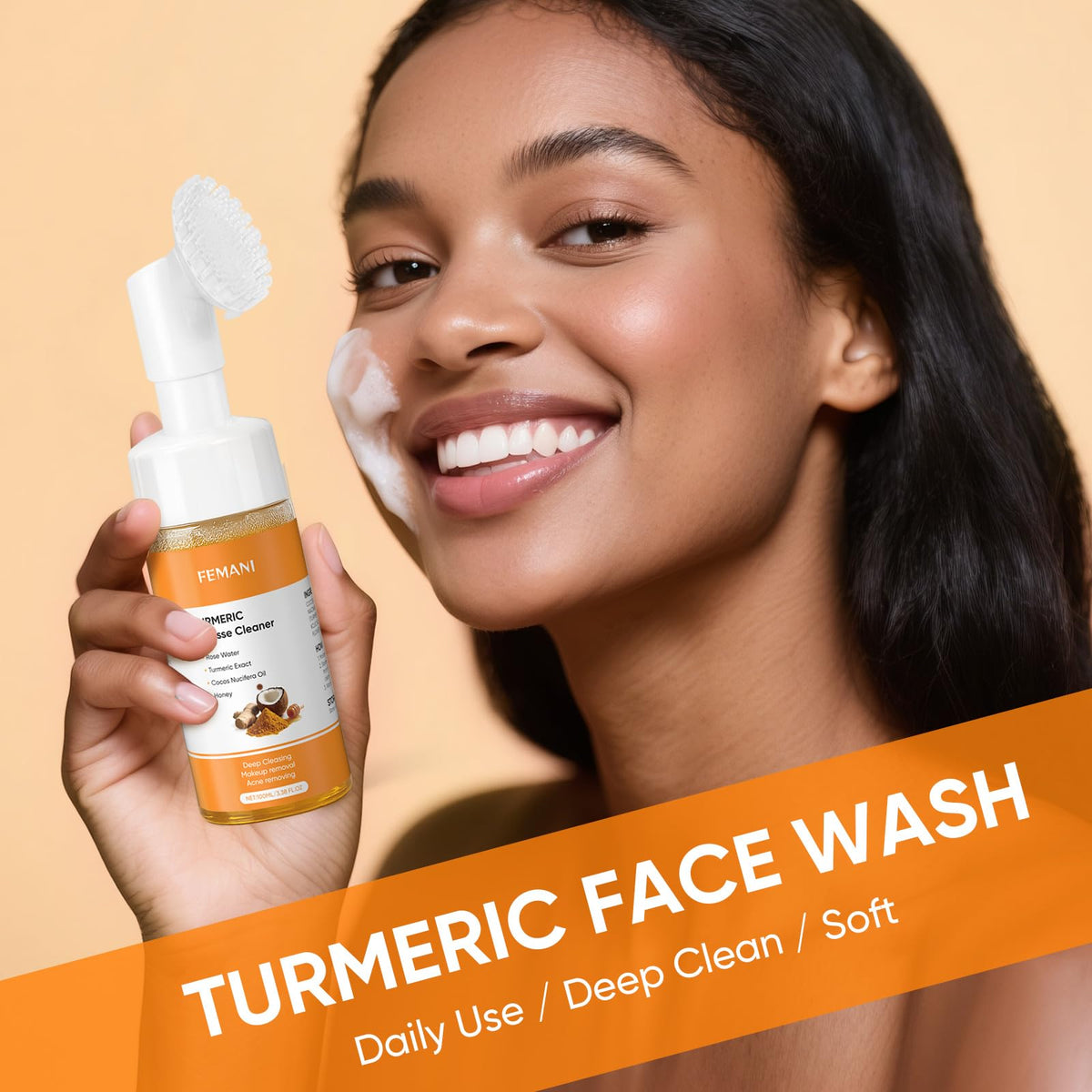 femani Turmeric Face Wash Set with brush on a bathroom counter
