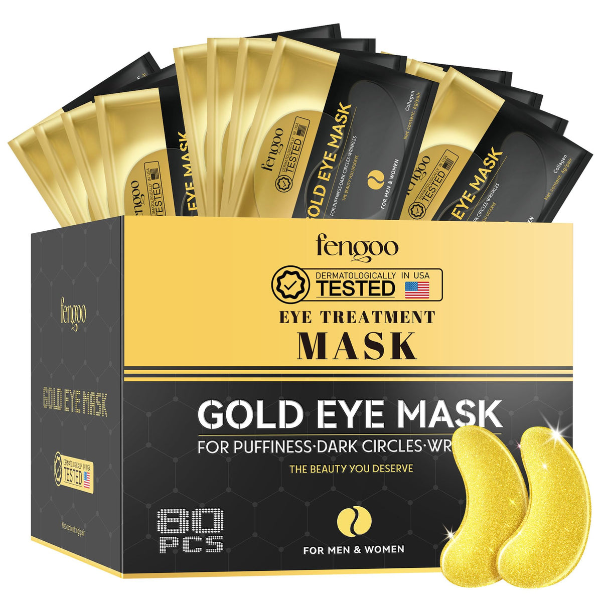 FENGOO 80 PCS Gold Collagen Under Eye Patches front view