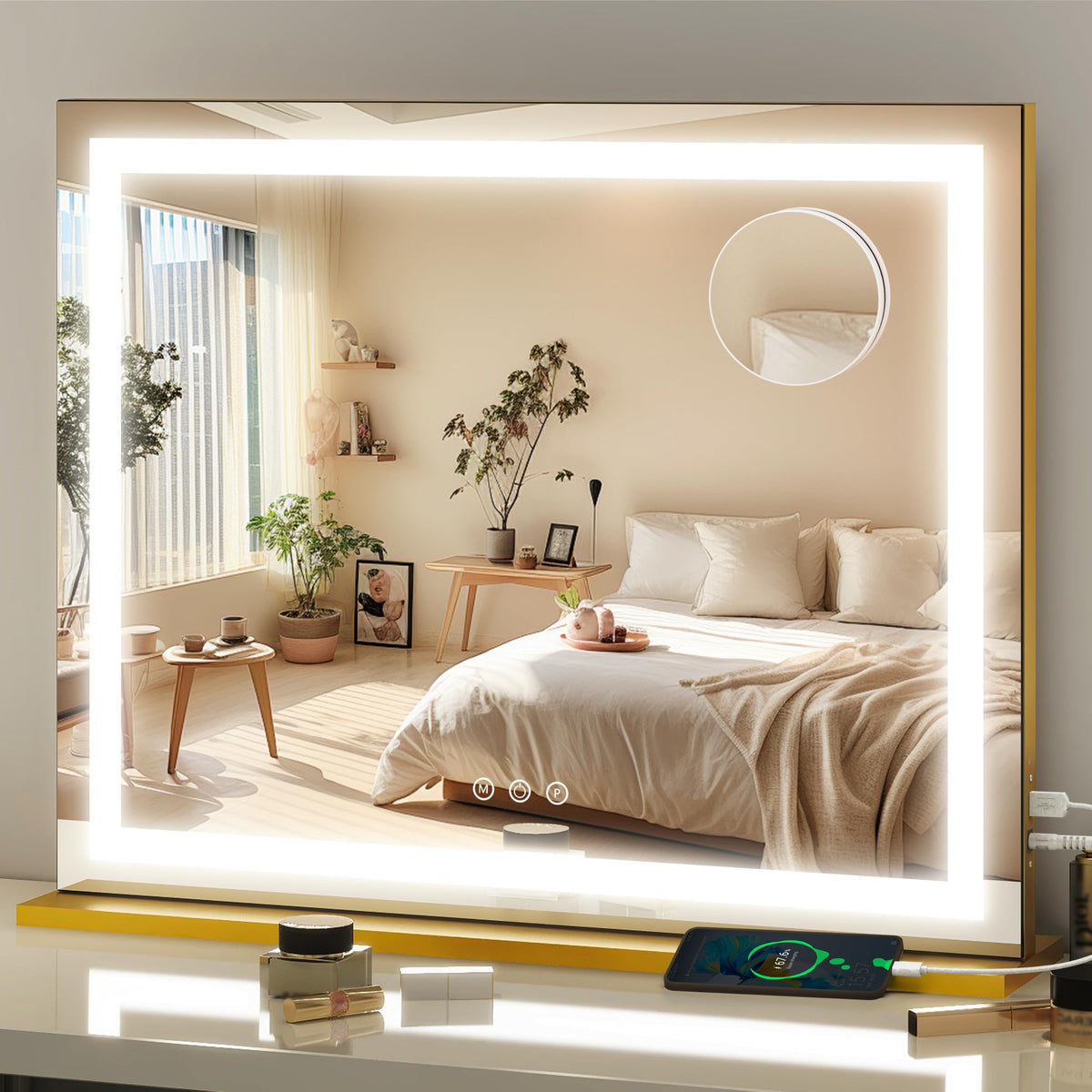 FENNIO 23" x 18" Vanity Mirror front view with lights