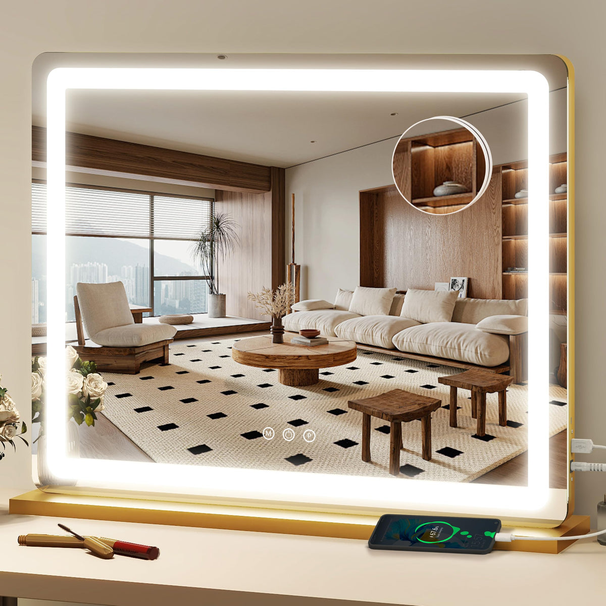 FENNIO 23" x 18" Vanity Mirror front view with lights