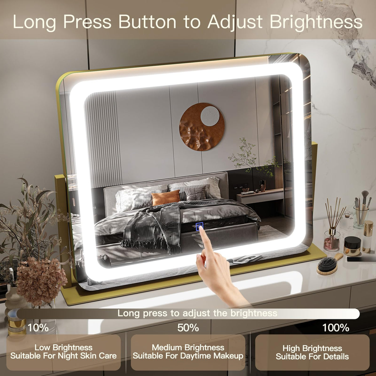 FENNIO Gold Vanity Mirror in a well-lit dressing room