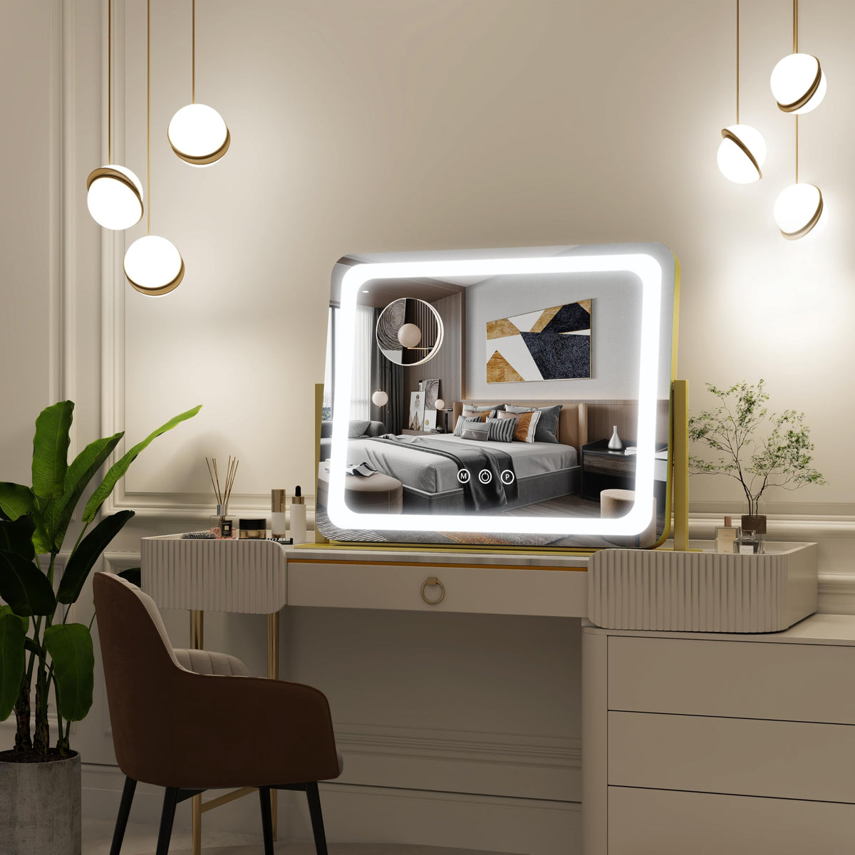 FENNIO Gold Vanity Mirror showing 360-degree rotation