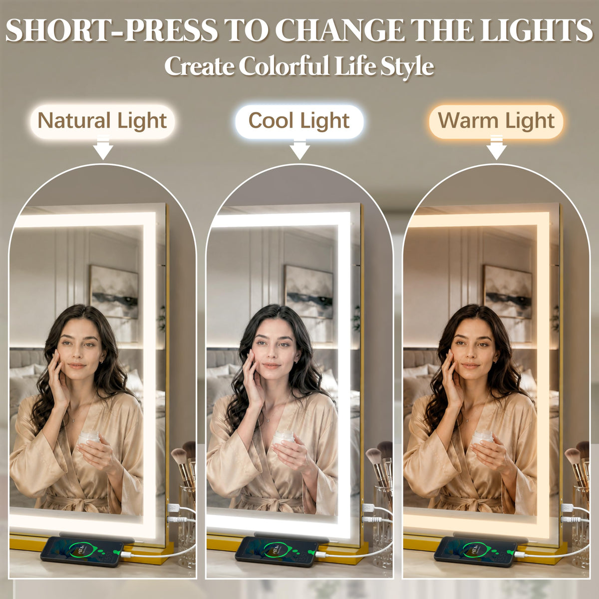 FENNIO Large LED Makeup Mirror side view showing adjustable brightness buttons