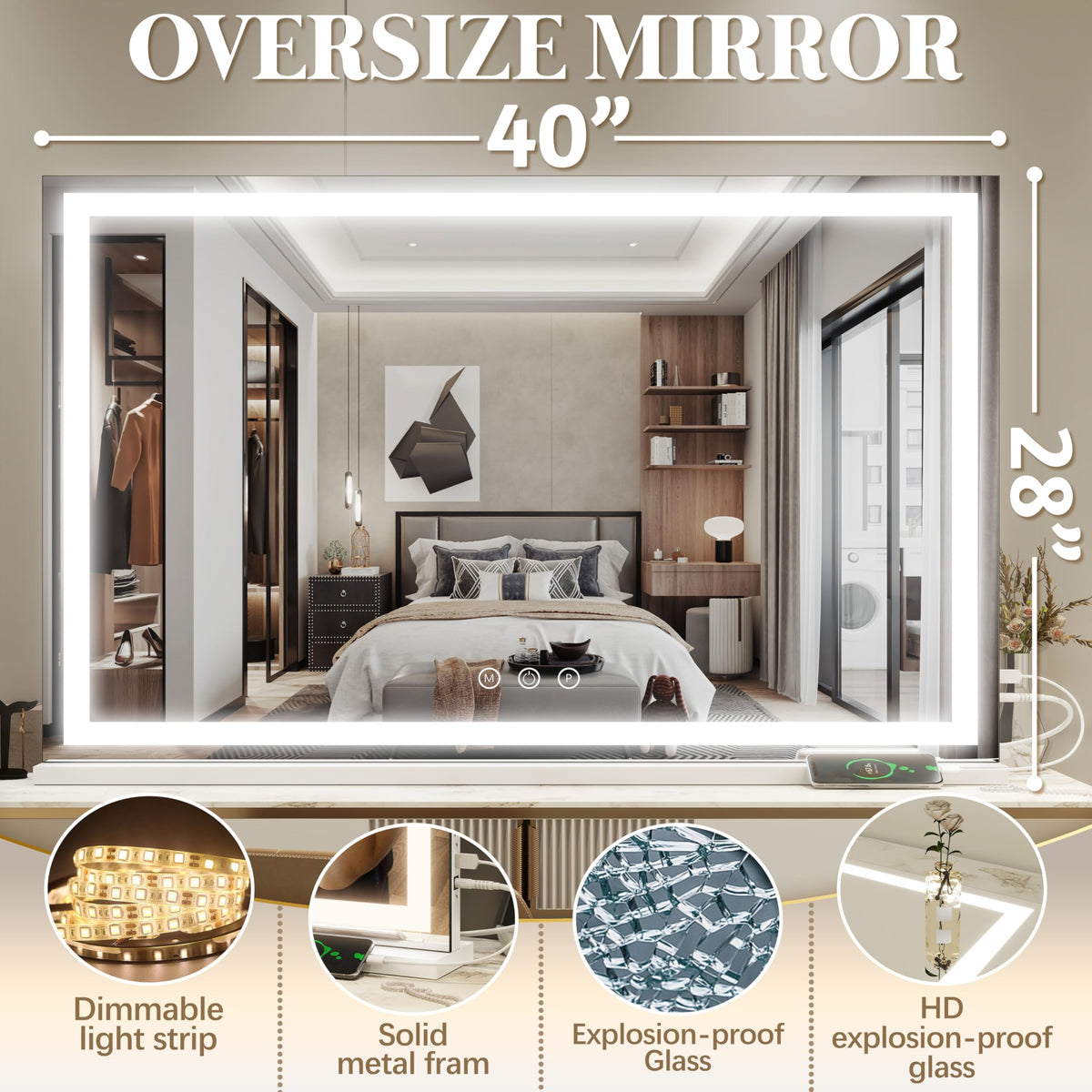 FENNIO Large Vanity Mirror 40" x 28" on desktop for makeup application