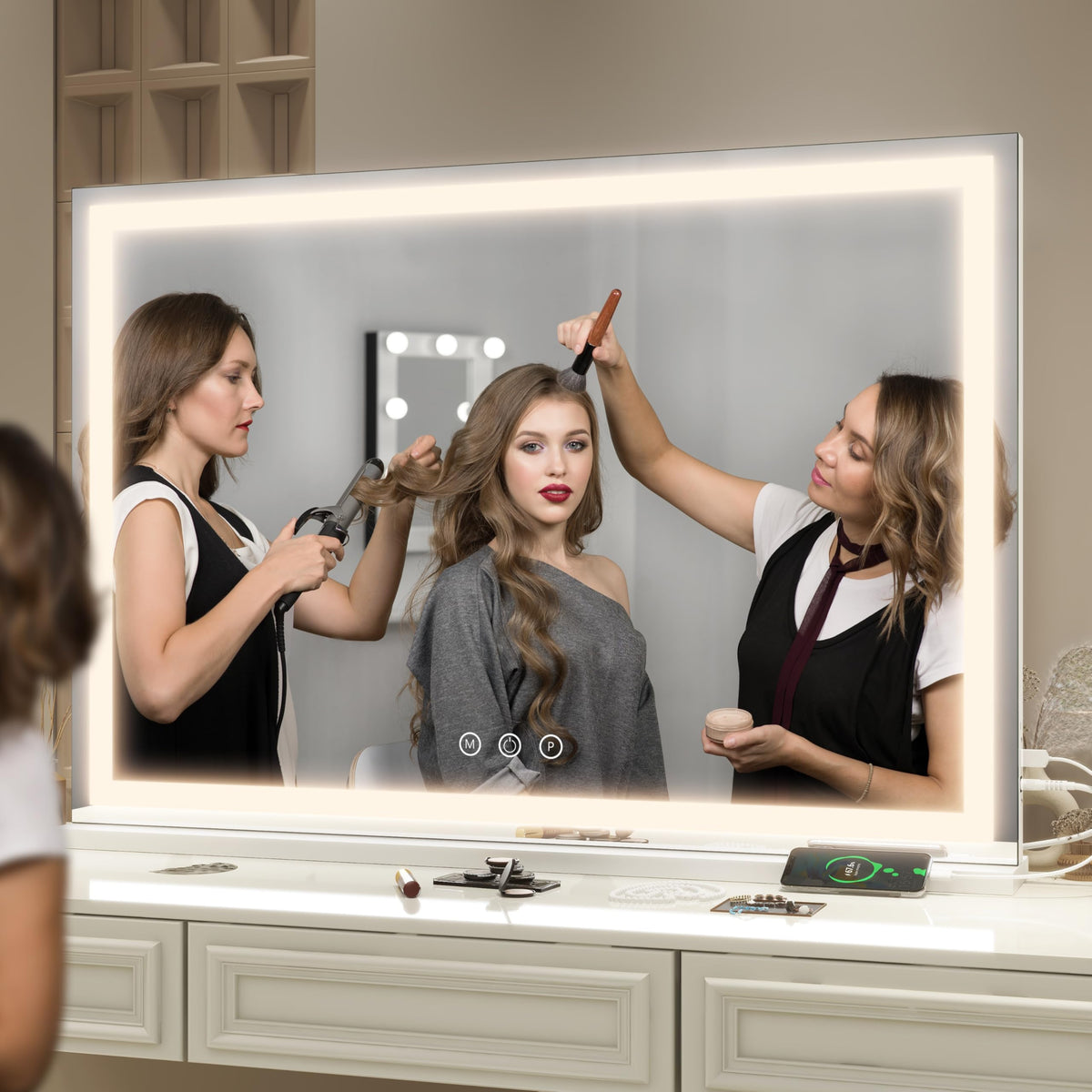 FENNIO Large Vanity Mirror 40" x 28" showcasing three lighting modes