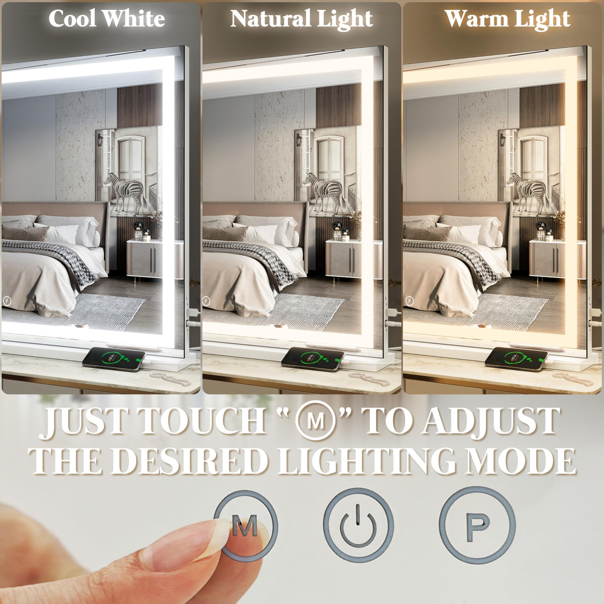 FENNIO Large Vanity Mirror 40" x 28" side view showing adjustable brightness controls